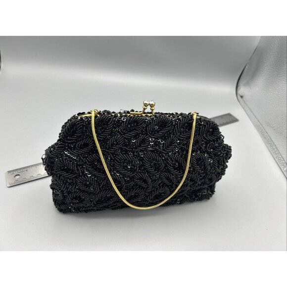 Evening Bag Black Beaded Kiss Lock Rhinestones Gold Chain Sequins See Photos Vtg - Picture 4 of 12
